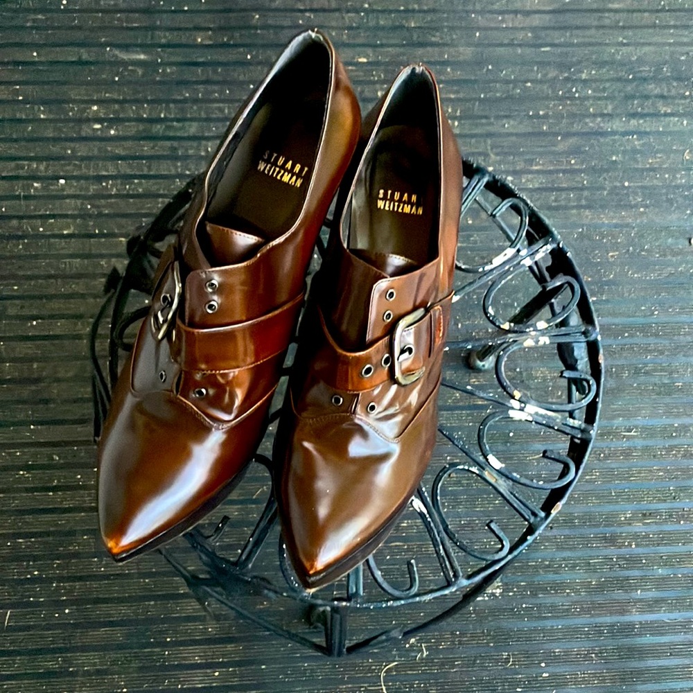 Stuart Weitzman Cognac Color Pointy Platform Booty w. Buckles Heels womens 9.5